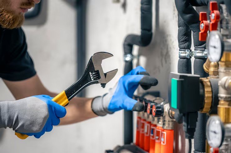 Engineer carrying out emergency plumbing and pipe repairs